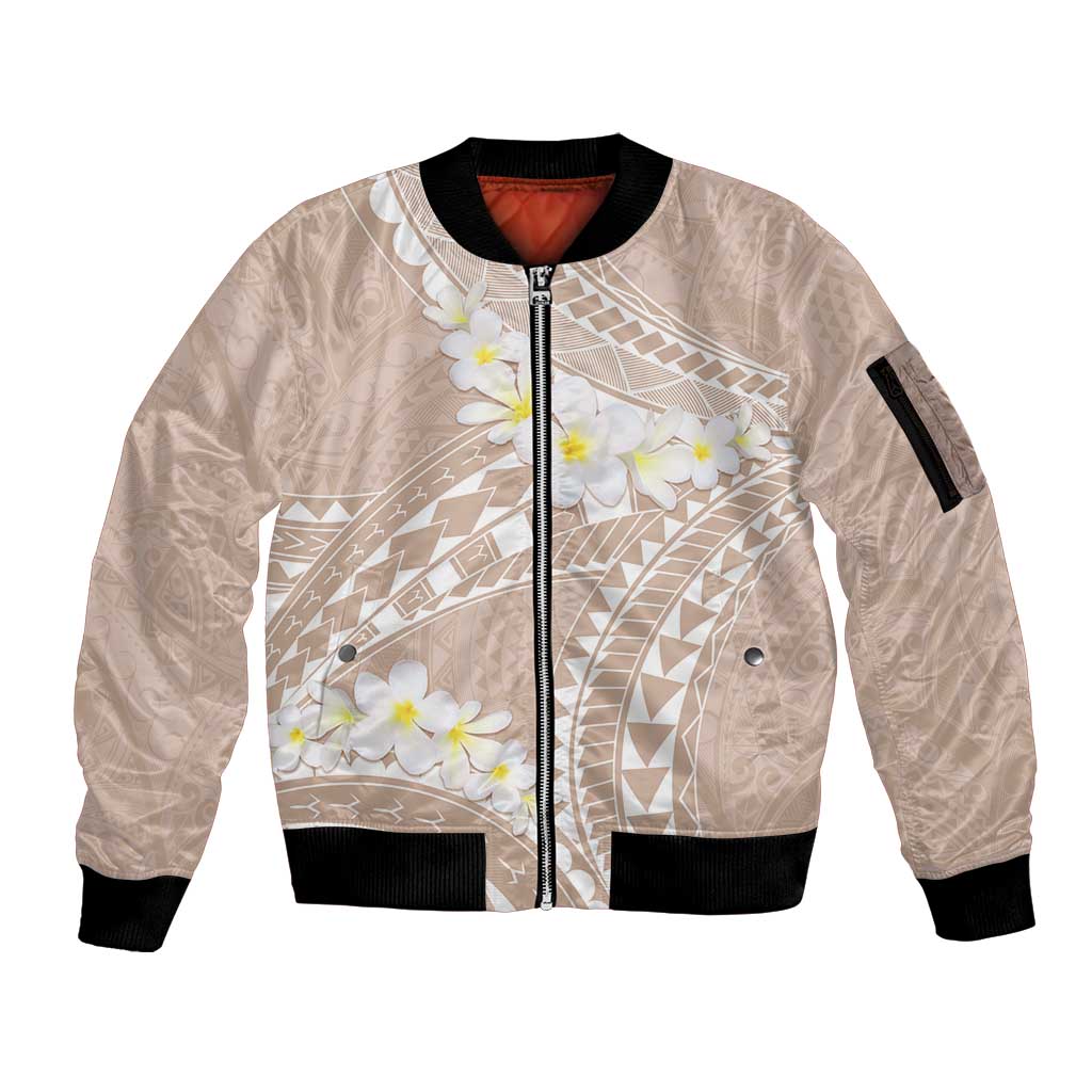 Polynesian Vintage Floral Sleeve Zip Bomber Jacket Beige Motifs - Polynesian Pride