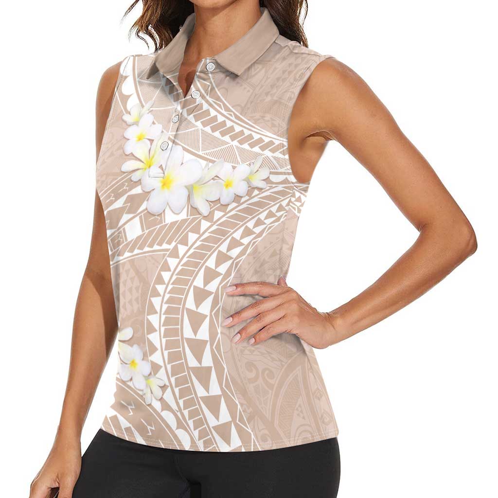 Polynesian Vintage Floral Women Sleeveless Polo Shirt Beige Motifs - Polynesian Pride