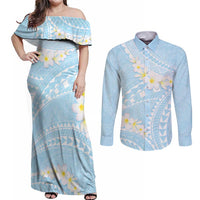Polynesian Vintage Floral Couples Matching Off Shoulder Maxi Dress and Long Sleeve Button Shirt Azure Motifs - Polynesian Pride