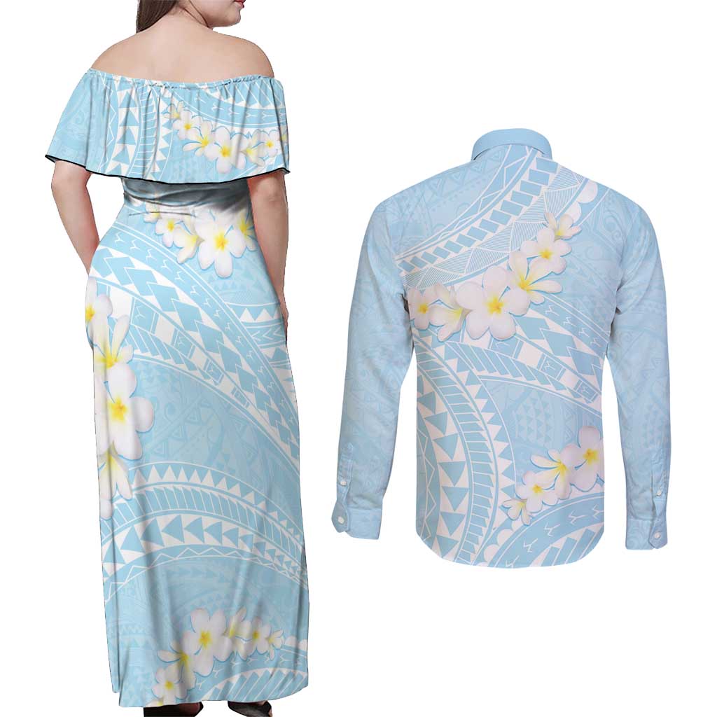 Polynesian Vintage Floral Couples Matching Off Shoulder Maxi Dress and Long Sleeve Button Shirt Azure Motifs - Polynesian Pride