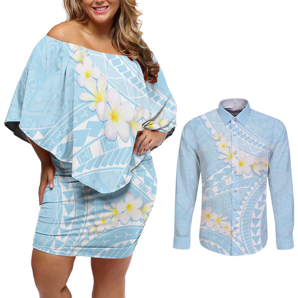 Polynesian Vintage Floral Couples Matching Off Shoulder Short Dress and Long Sleeve Button Shirt Azure Motifs - Polynesian Pride