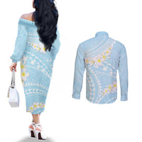 Polynesian Vintage Floral Couples Matching Off The Shoulder Long Sleeve Dress and Long Sleeve Button Shirt Azure Motifs - Polynesian Pride