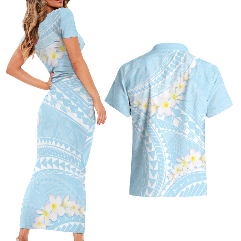 Polynesian Vintage Floral Couples Matching Short Sleeve Bodycon Dress and Hawaiian Shirt Azure Motifs - Polynesian Pride