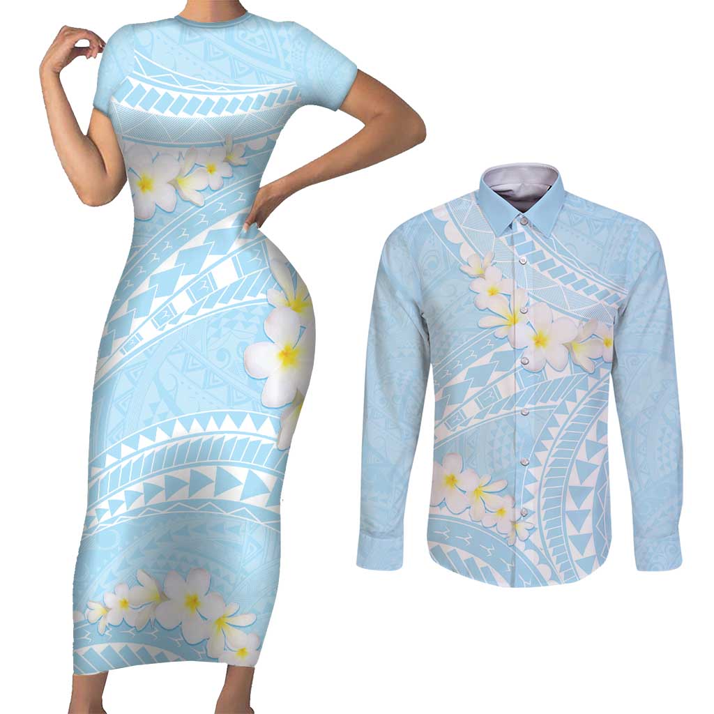Polynesian Vintage Floral Couples Matching Short Sleeve Bodycon Dress and Long Sleeve Button Shirt Azure Motifs - Polynesian Pride