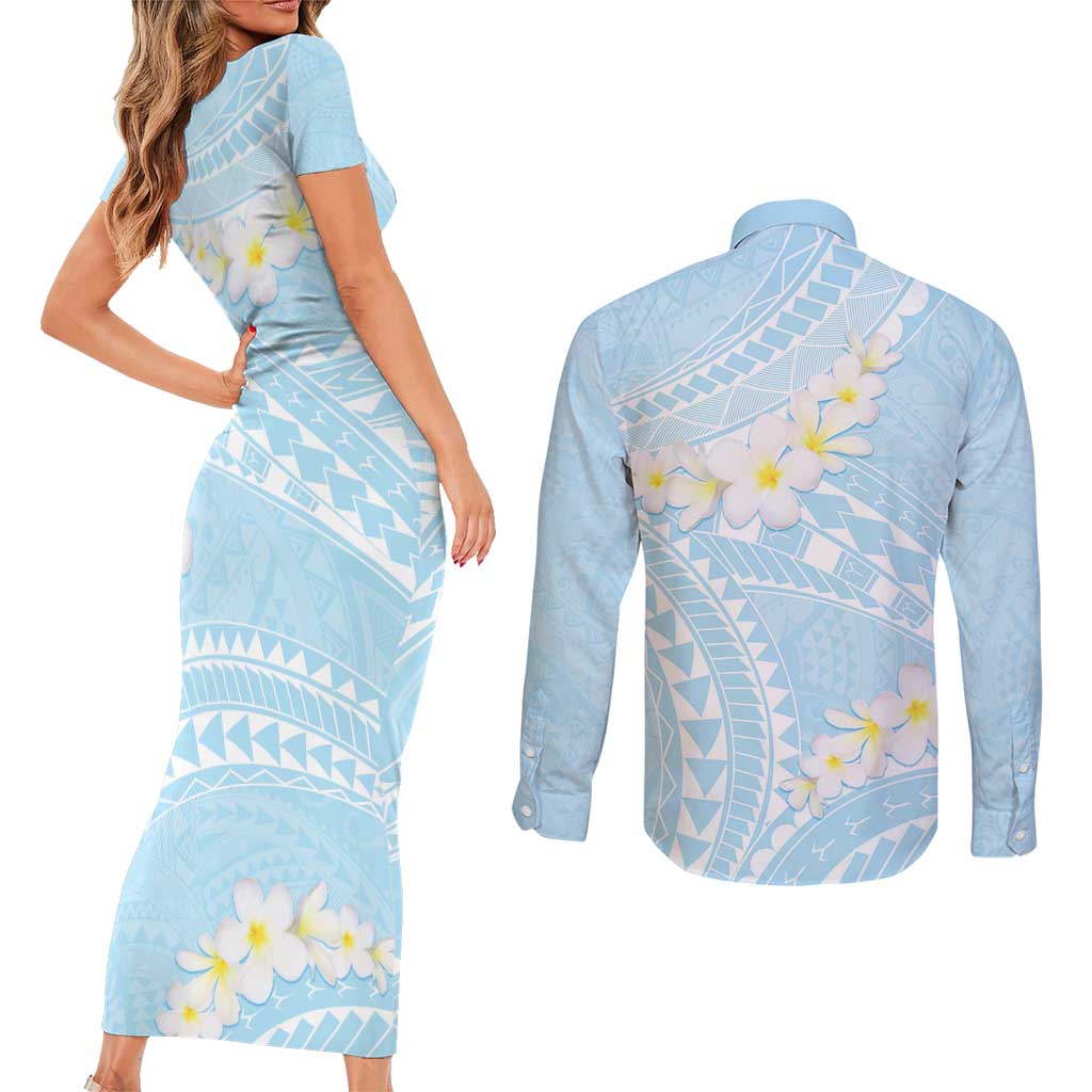 Polynesian Vintage Floral Couples Matching Short Sleeve Bodycon Dress and Long Sleeve Button Shirt Azure Motifs - Polynesian Pride