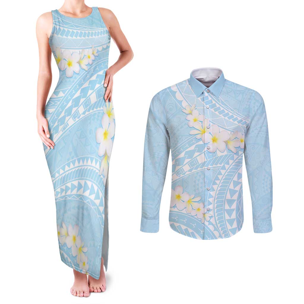 Polynesian Vintage Floral Couples Matching Tank Maxi Dress and Long Sleeve Button Shirt Azure Motifs - Polynesian Pride