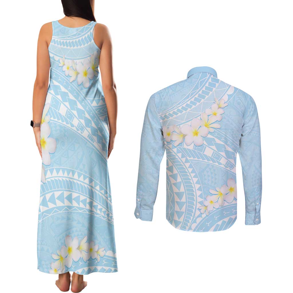 Polynesian Vintage Floral Couples Matching Tank Maxi Dress and Long Sleeve Button Shirt Azure Motifs - Polynesian Pride