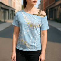 Polynesian Vintage Floral Cross Shoulder Shirt Azure Motifs - Polynesian Pride