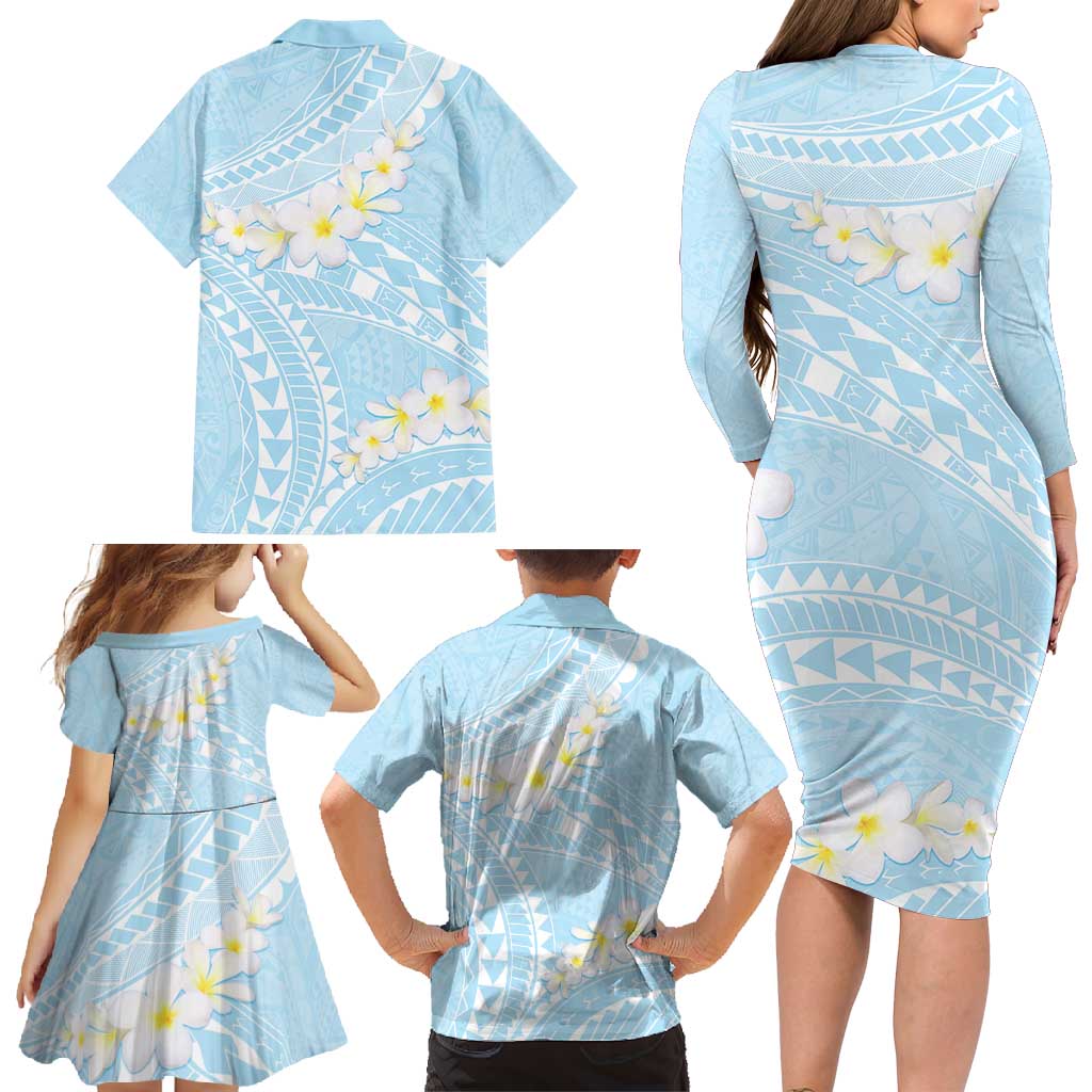 Polynesian Vintage Floral Family Matching Long Sleeve Bodycon Dress and Hawaiian Shirt Azure Motifs - Polynesian Pride