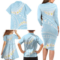 Polynesian Vintage Floral Family Matching Long Sleeve Bodycon Dress and Hawaiian Shirt Azure Motifs - Polynesian Pride