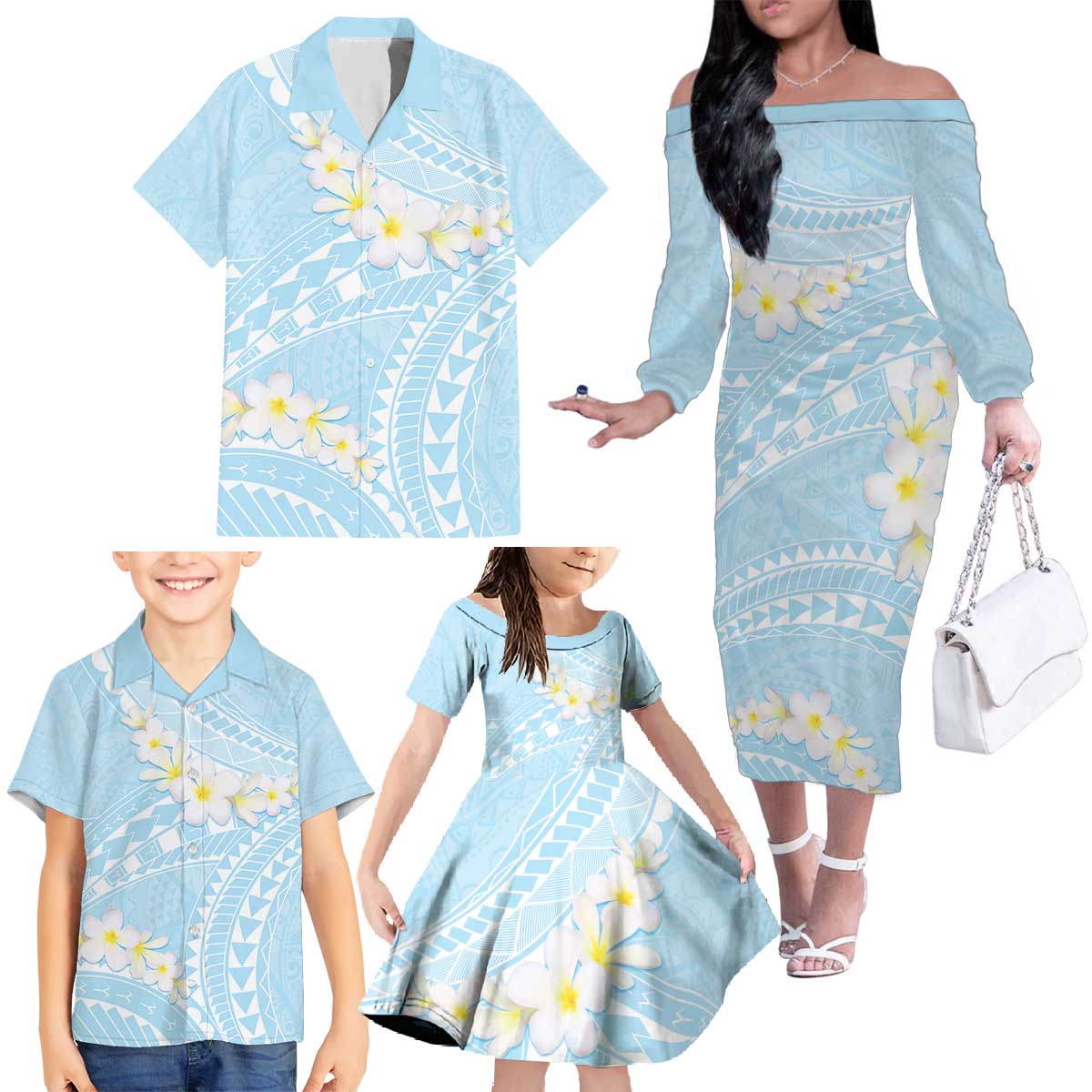 Polynesian Vintage Floral Family Matching Off The Shoulder Long Sleeve Dress and Hawaiian Shirt Azure Motifs - Polynesian Pride