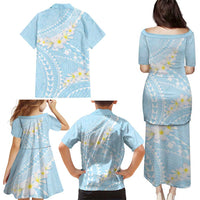 Polynesian Vintage Floral Family Matching Puletasi and Hawaiian Shirt Azure Motifs - Polynesian Pride