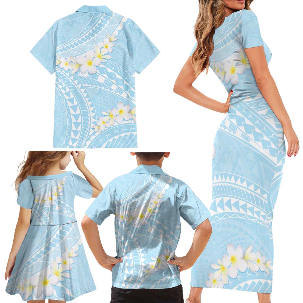 Polynesian Vintage Floral Family Matching Short Sleeve Bodycon Dress and Hawaiian Shirt Azure Motifs - Polynesian Pride
