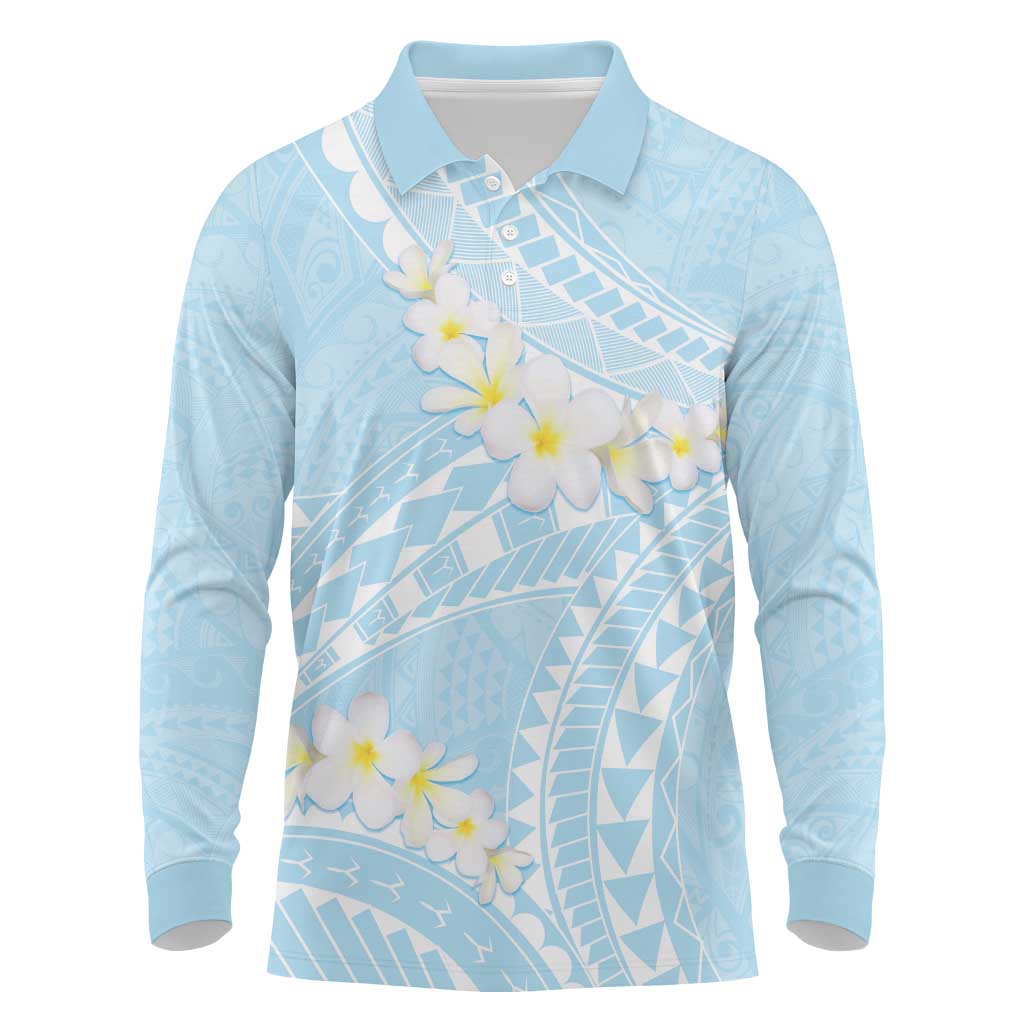 Polynesian Vintage Floral Long Sleeve Polo Shirt Azure Motifs - Polynesian Pride