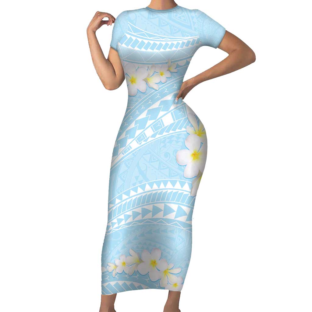 Polynesian Vintage Floral Short Sleeve Bodycon Dress Azure Motifs - Polynesian Pride
