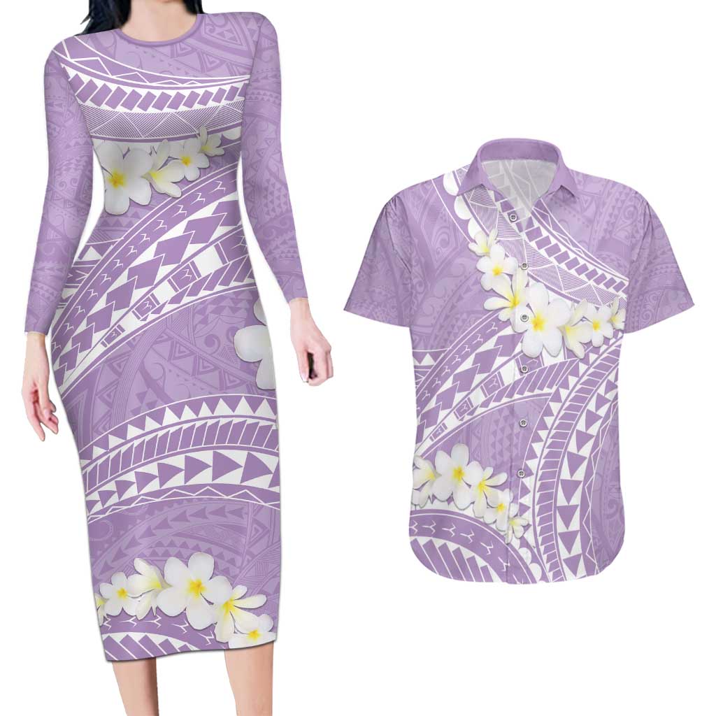 Polynesian Vintage Floral Couples Matching Long Sleeve Bodycon Dress and Hawaiian Shirt Lavender Motifs - Polynesian Pride