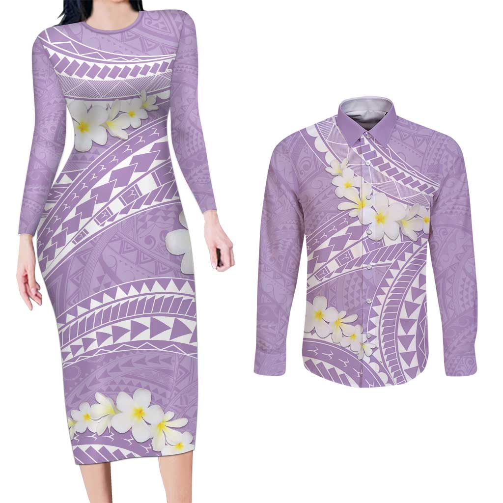Polynesian Vintage Floral Couples Matching Long Sleeve Bodycon Dress and Long Sleeve Button Shirt Lavender Motifs - Polynesian Pride