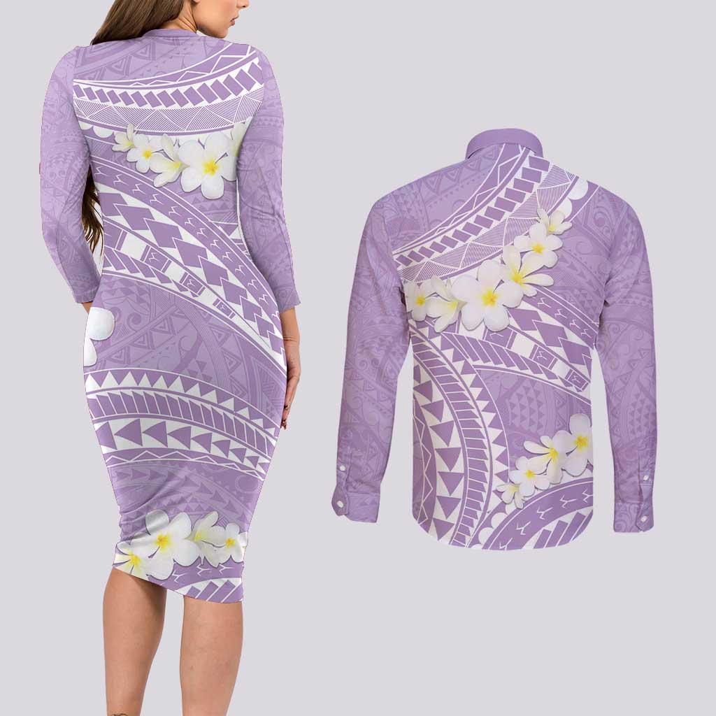 Polynesian Vintage Floral Couples Matching Long Sleeve Bodycon Dress and Long Sleeve Button Shirt Lavender Motifs - Polynesian Pride