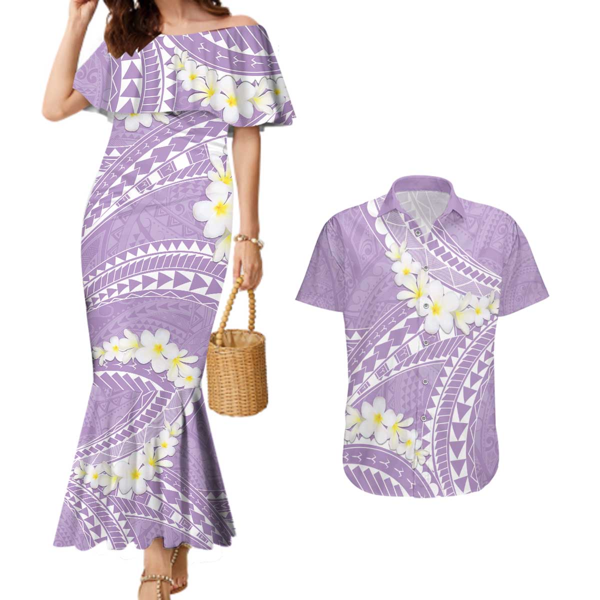 Polynesian Vintage Floral Couples Matching Mermaid Dress and Hawaiian Shirt Lavender Motifs - Polynesian Pride