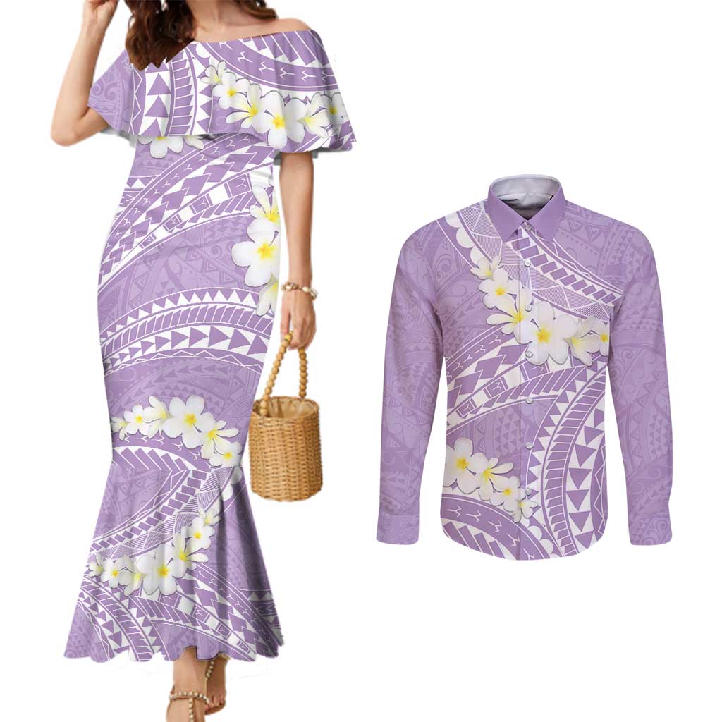 Polynesian Vintage Floral Couples Matching Mermaid Dress and Long Sleeve Button Shirt Lavender Motifs - Polynesian Pride