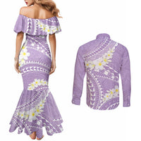 Polynesian Vintage Floral Couples Matching Mermaid Dress and Long Sleeve Button Shirt Lavender Motifs - Polynesian Pride