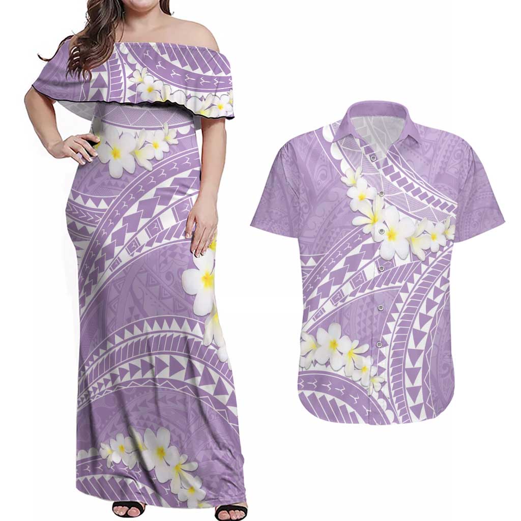 Polynesian Vintage Floral Couples Matching Off Shoulder Maxi Dress and Hawaiian Shirt Lavender Motifs - Polynesian Pride