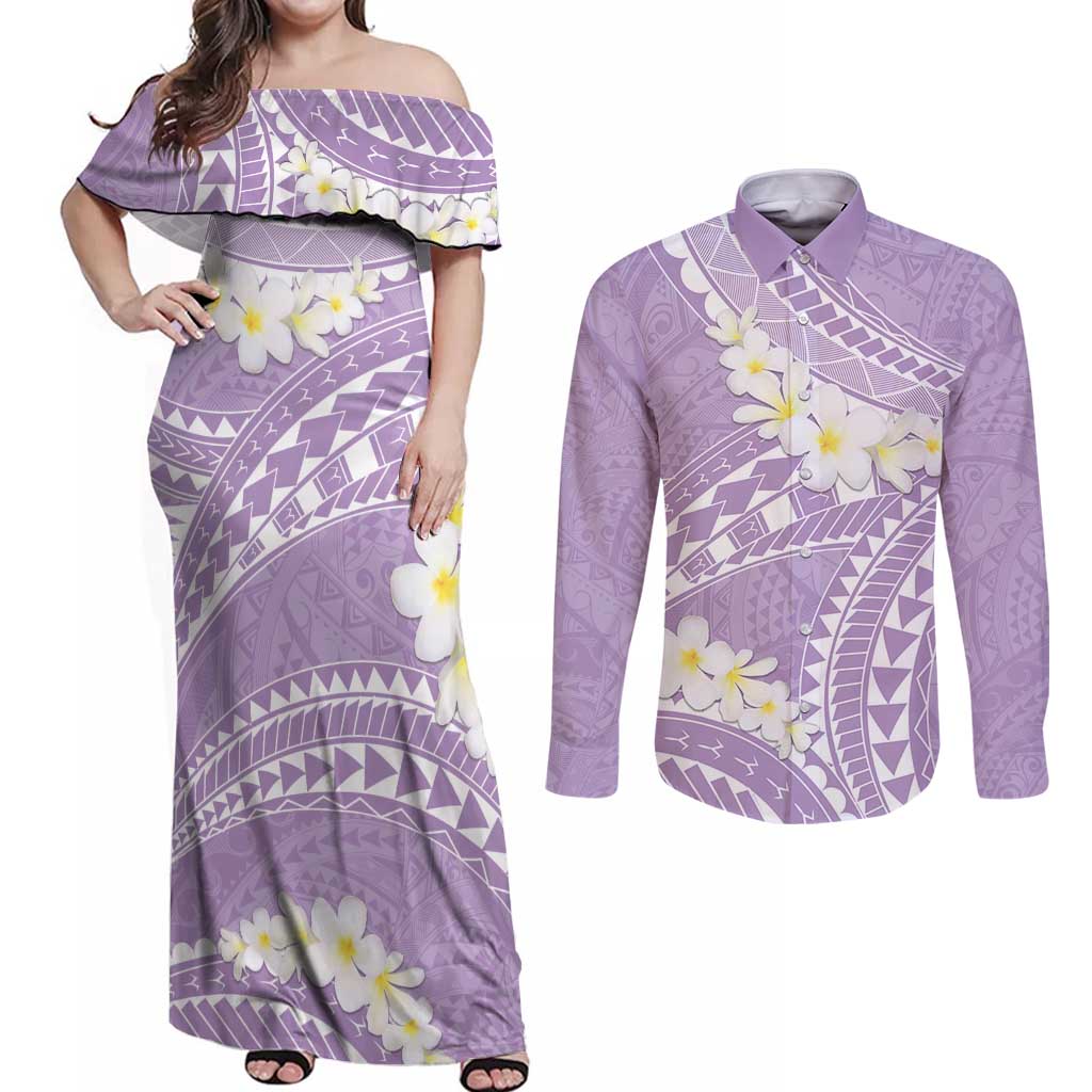 Polynesian Vintage Floral Couples Matching Off Shoulder Maxi Dress and Long Sleeve Button Shirt Lavender Motifs - Polynesian Pride