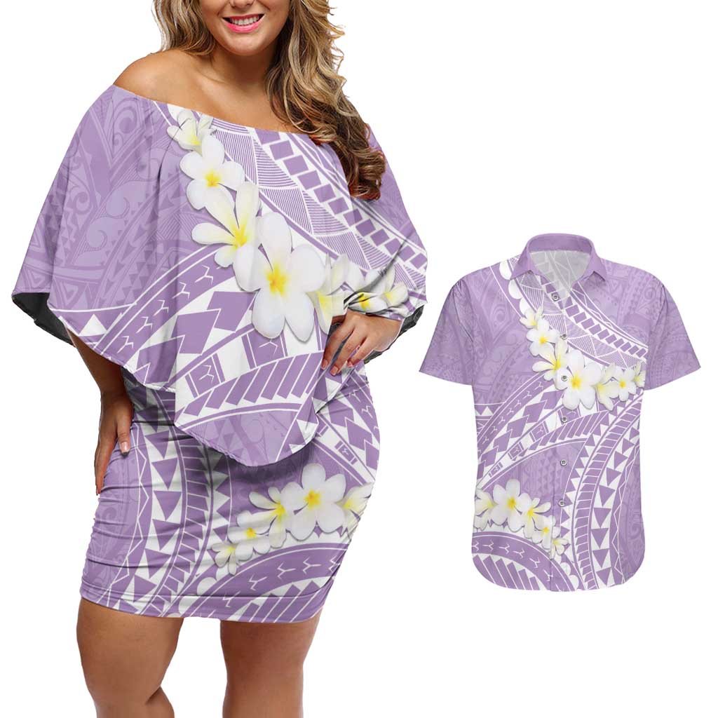 Polynesian Vintage Floral Couples Matching Off Shoulder Short Dress and Hawaiian Shirt Lavender Motifs - Polynesian Pride