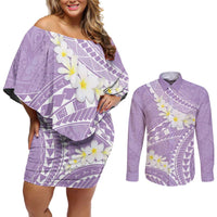 Polynesian Vintage Floral Couples Matching Off Shoulder Short Dress and Long Sleeve Button Shirt Lavender Motifs - Polynesian Pride