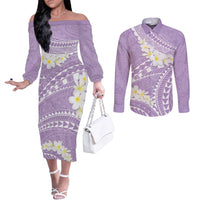 Polynesian Vintage Floral Couples Matching Off The Shoulder Long Sleeve Dress and Long Sleeve Button Shirt Lavender Motifs - Polynesian Pride