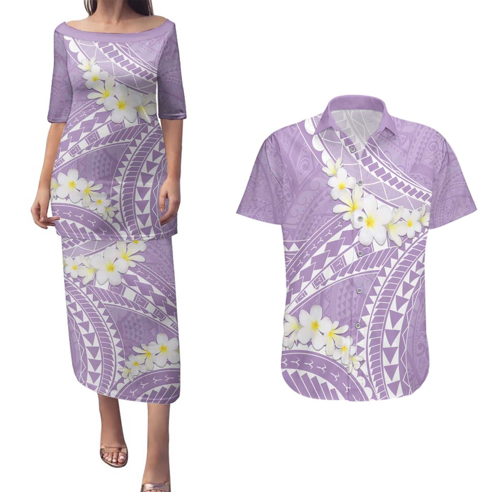 Polynesian Vintage Floral Couples Matching Puletasi and Hawaiian Shirt Lavender Motifs - Polynesian Pride