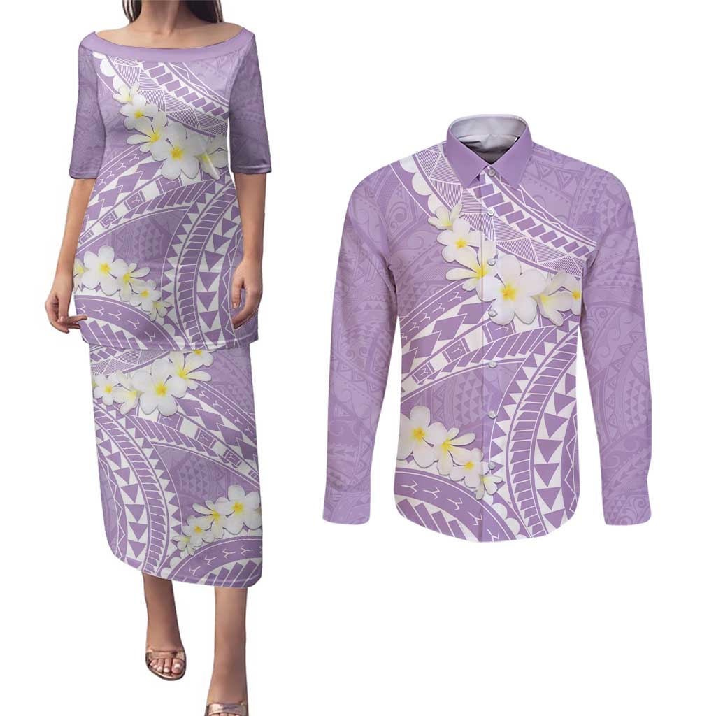 Polynesian Vintage Floral Couples Matching Puletasi and Long Sleeve Button Shirt Lavender Motifs - Polynesian Pride