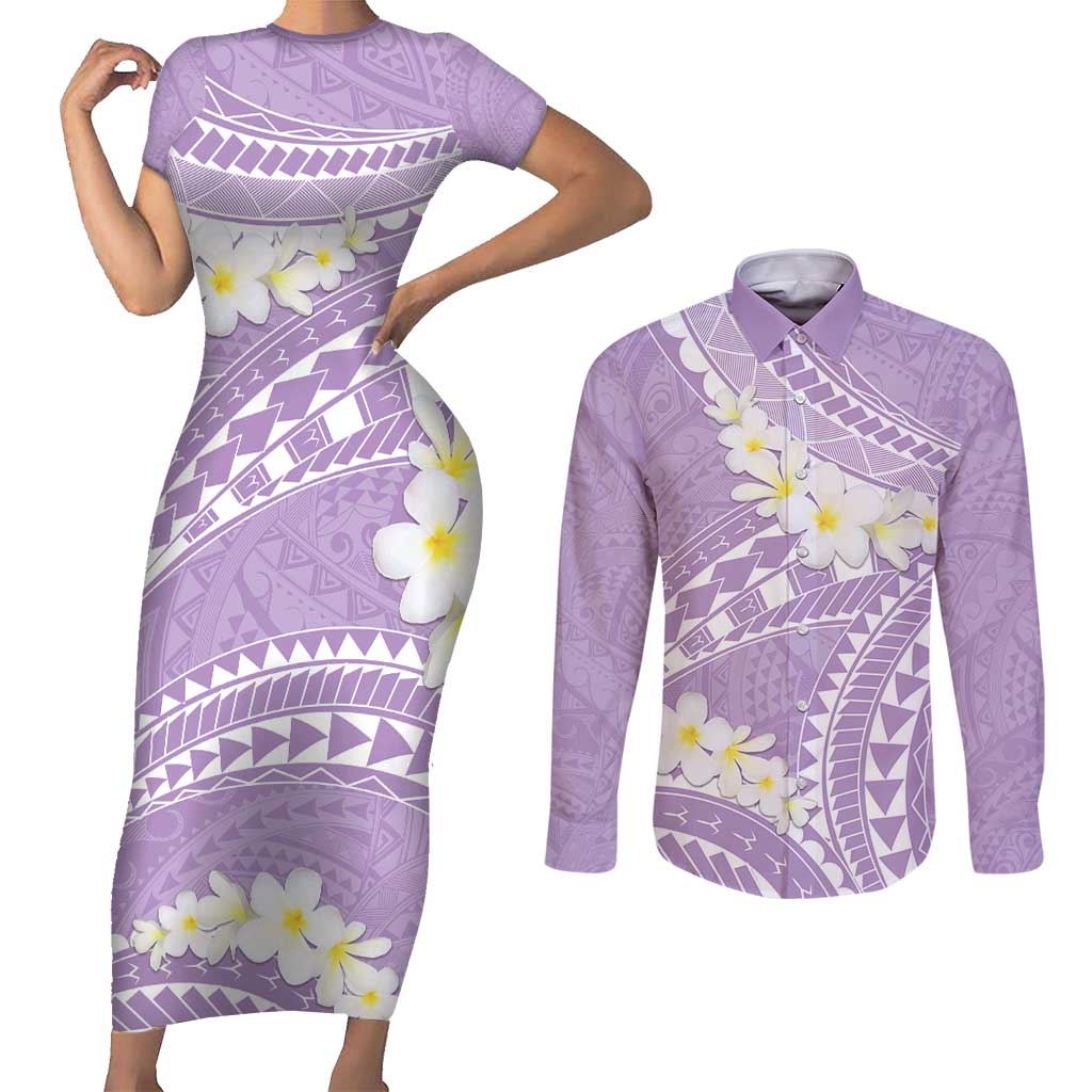 Polynesian Vintage Floral Couples Matching Short Sleeve Bodycon Dress and Long Sleeve Button Shirt Lavender Motifs - Polynesian Pride