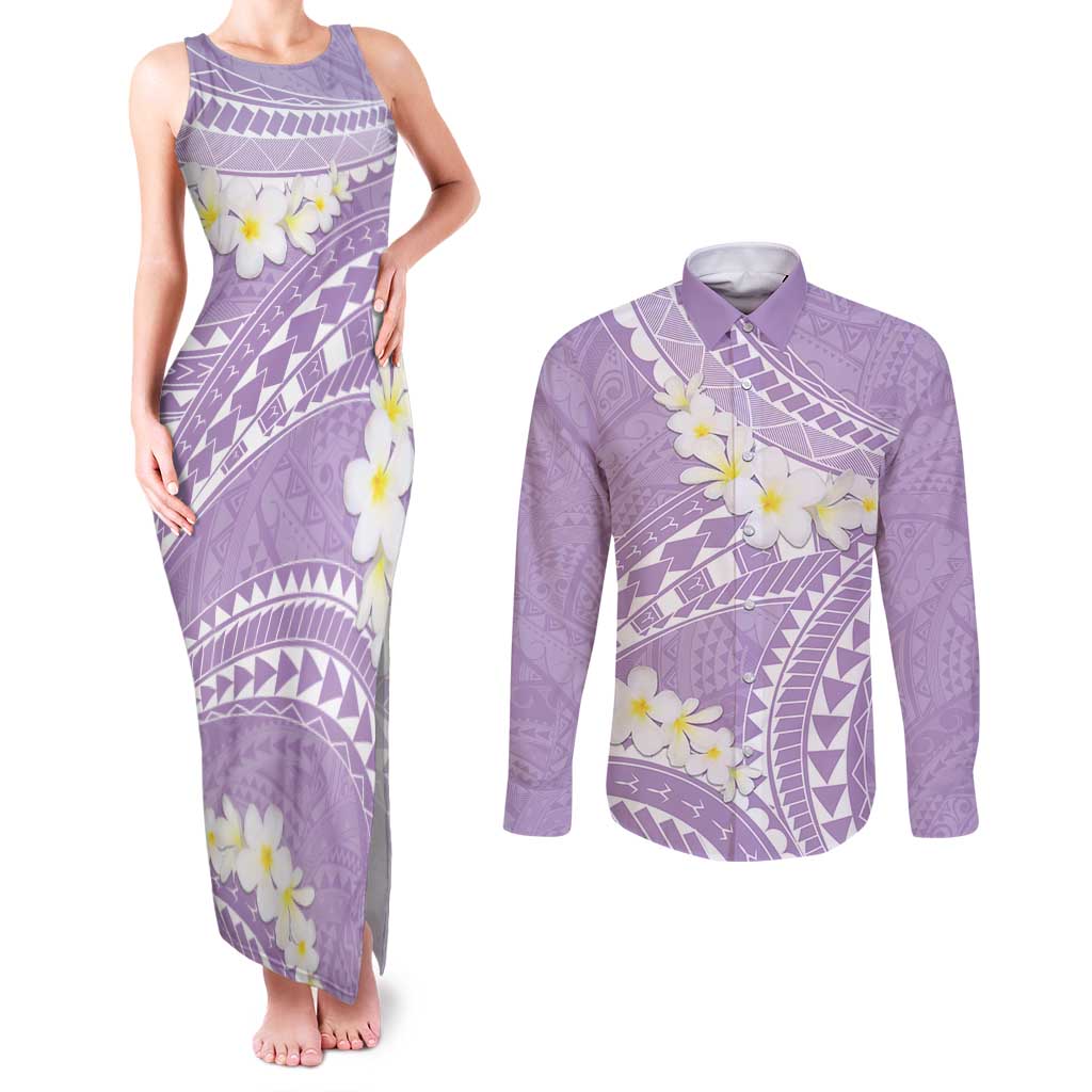 Polynesian Vintage Floral Couples Matching Tank Maxi Dress and Long Sleeve Button Shirt Lavender Motifs - Polynesian Pride