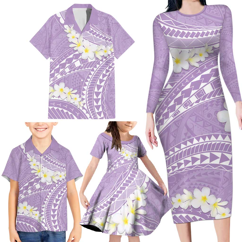 Polynesian Vintage Floral Family Matching Long Sleeve Bodycon Dress and Hawaiian Shirt Lavender Motifs - Polynesian Pride