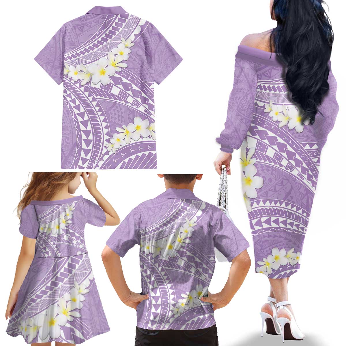 Polynesian Vintage Floral Family Matching Off The Shoulder Long Sleeve Dress and Hawaiian Shirt Lavender Motifs - Polynesian Pride
