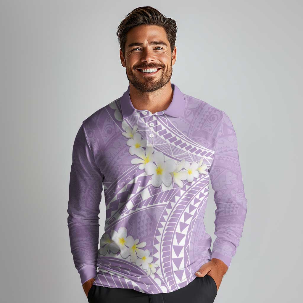 Polynesian Vintage Floral Long Sleeve Polo Shirt Lavender Motifs - Polynesian Pride