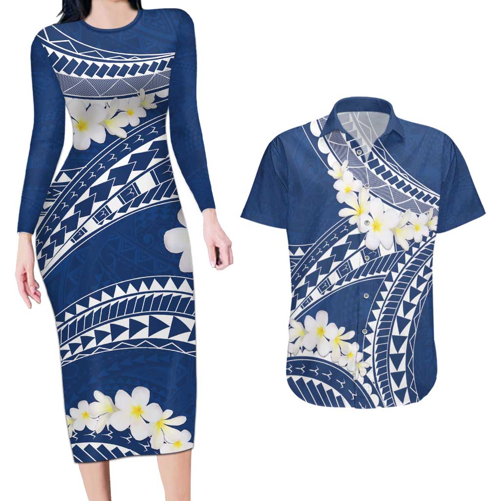 Polynesian Vintage Floral Couples Matching Long Sleeve Bodycon Dress and Hawaiian Shirt Navy Blue Motifs - Polynesian Pride