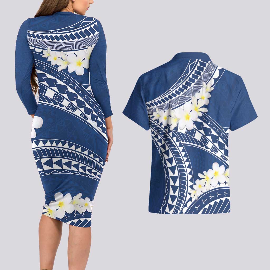 Polynesian Vintage Floral Couples Matching Long Sleeve Bodycon Dress and Hawaiian Shirt Navy Blue Motifs - Polynesian Pride