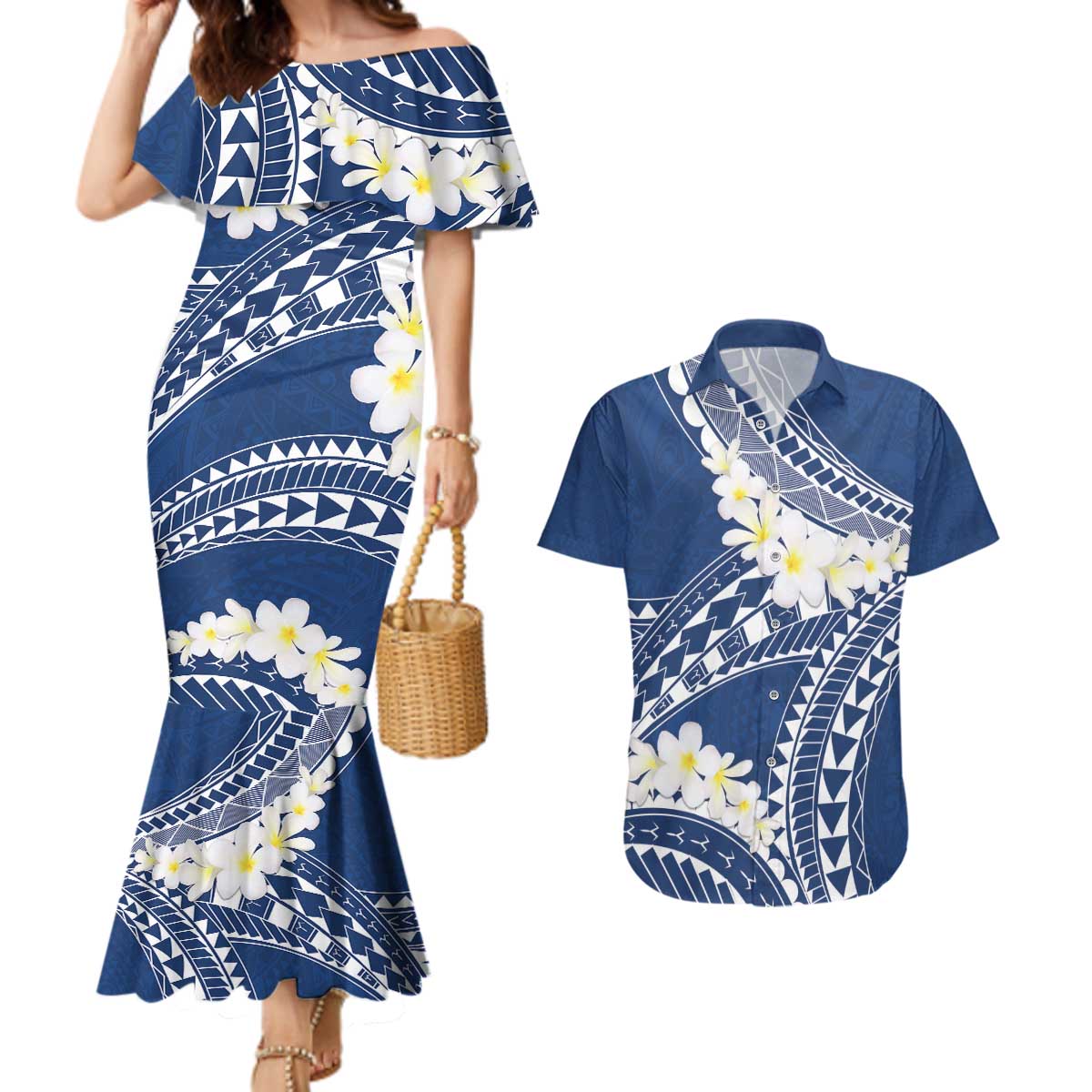 Polynesian Vintage Floral Couples Matching Mermaid Dress and Hawaiian Shirt Navy Blue Motifs - Polynesian Pride