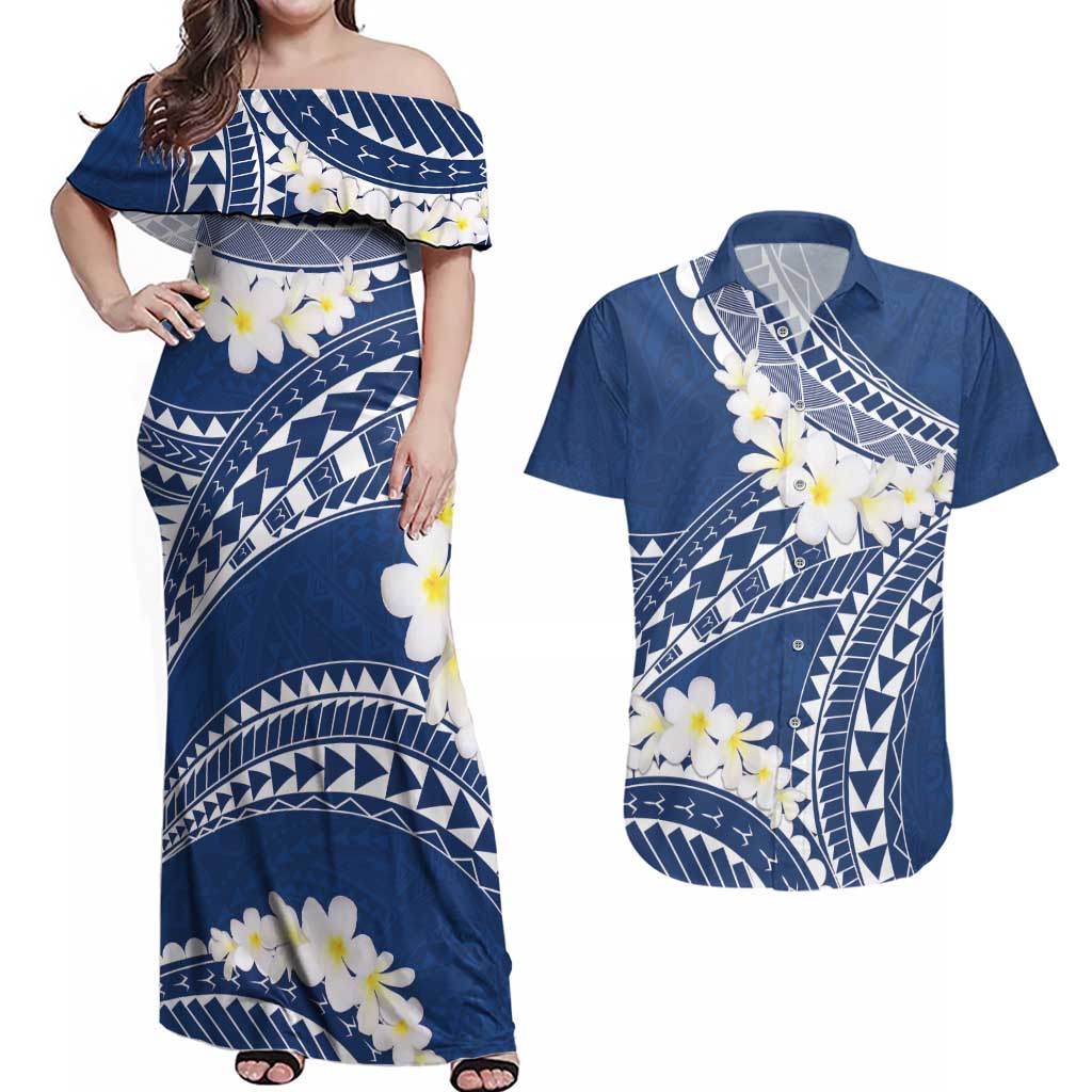 Polynesian Vintage Floral Couples Matching Off Shoulder Maxi Dress and Hawaiian Shirt Navy Blue Motifs - Polynesian Pride