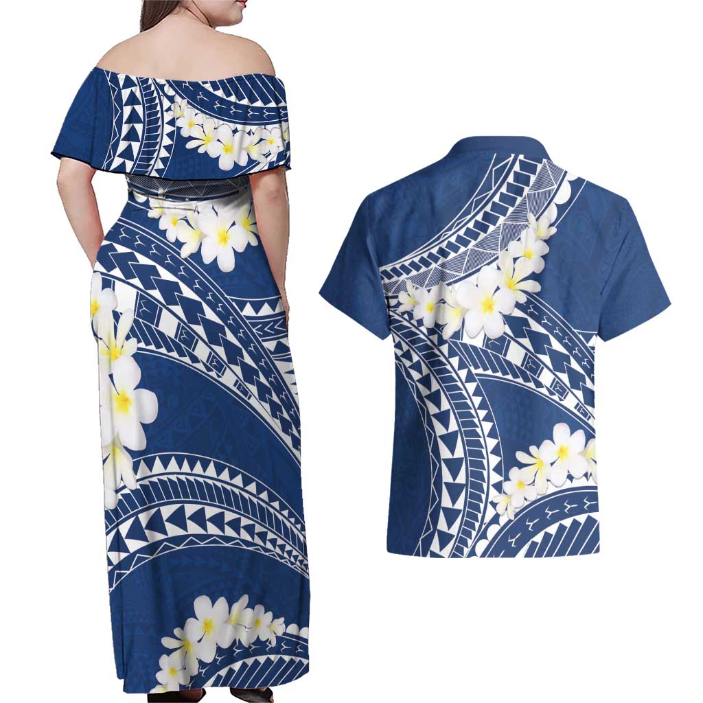 Polynesian Vintage Floral Couples Matching Off Shoulder Maxi Dress and Hawaiian Shirt Navy Blue Motifs - Polynesian Pride
