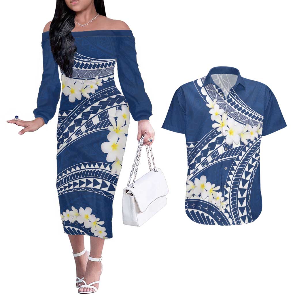 Polynesian Vintage Floral Couples Matching Off The Shoulder Long Sleeve Dress and Hawaiian Shirt Navy Blue Motifs - Polynesian Pride