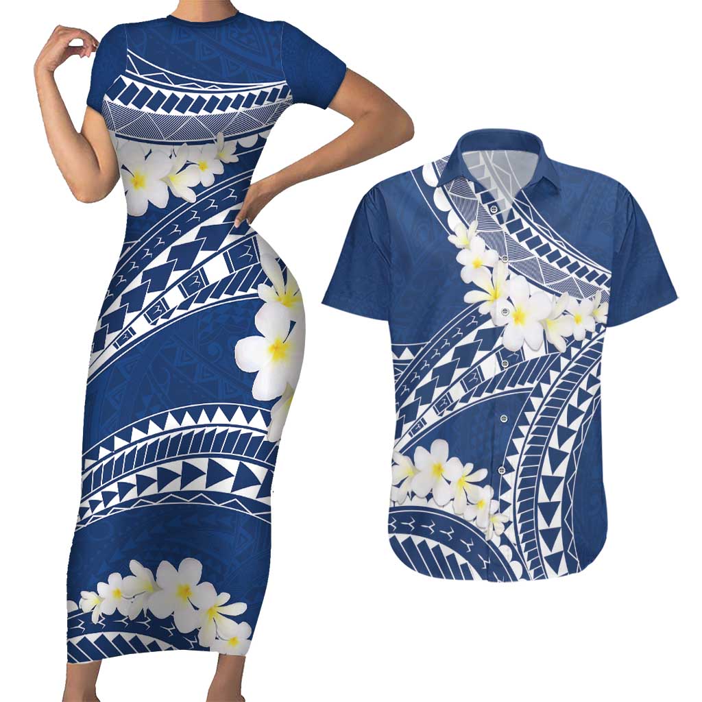 Polynesian Vintage Floral Couples Matching Short Sleeve Bodycon Dress and Hawaiian Shirt Navy Blue Motifs - Polynesian Pride