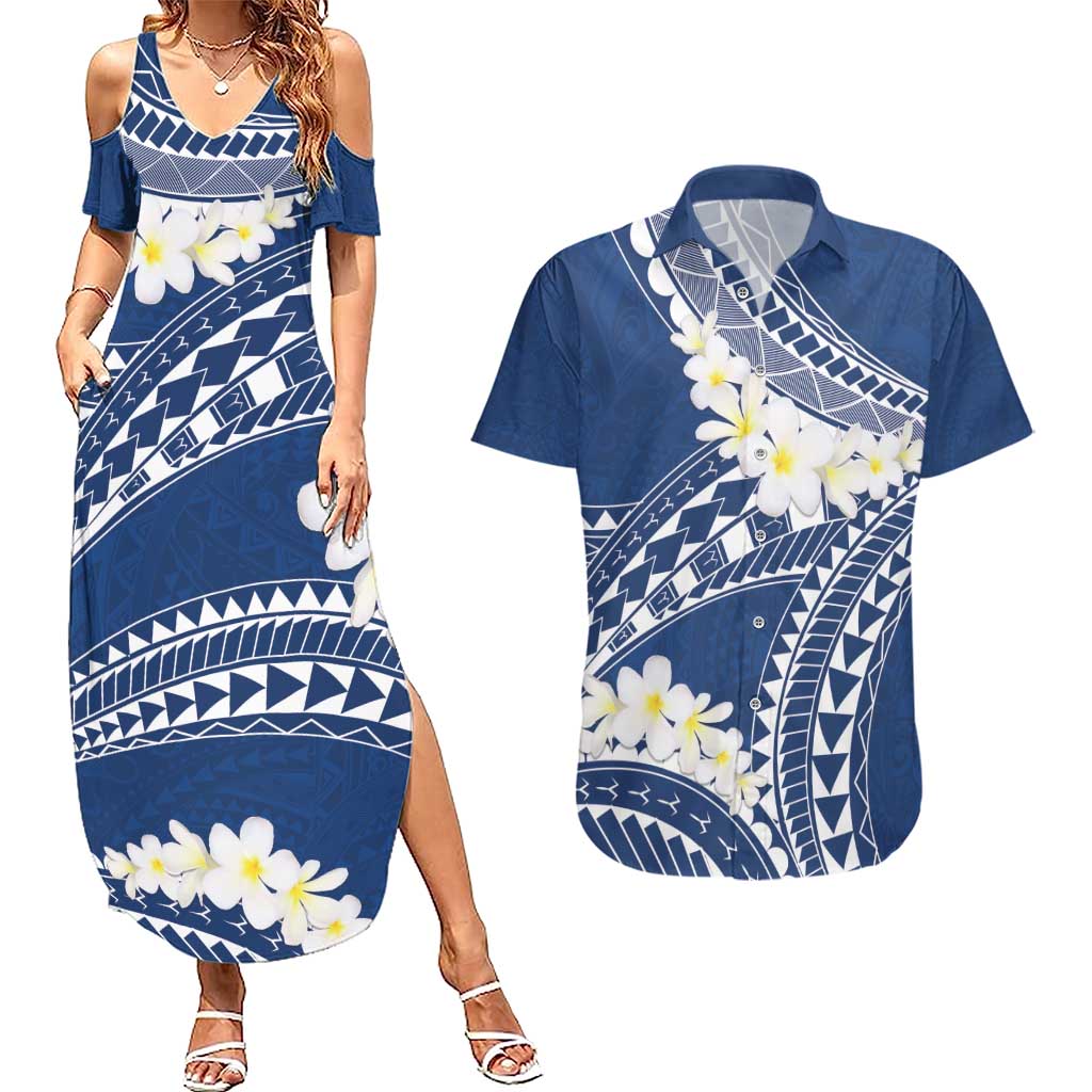 Polynesian Vintage Floral Couples Matching Summer Maxi Dress and Hawaiian Shirt Navy Blue Motifs - Polynesian Pride