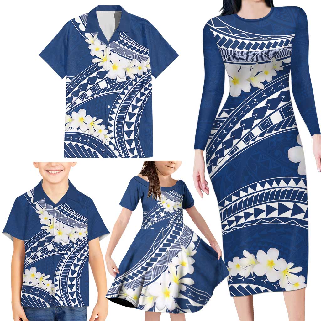 Polynesian Vintage Floral Family Matching Long Sleeve Bodycon Dress and Hawaiian Shirt Navy Blue Motifs - Polynesian Pride