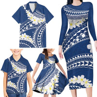 Polynesian Vintage Floral Family Matching Long Sleeve Bodycon Dress and Hawaiian Shirt Navy Blue Motifs - Polynesian Pride