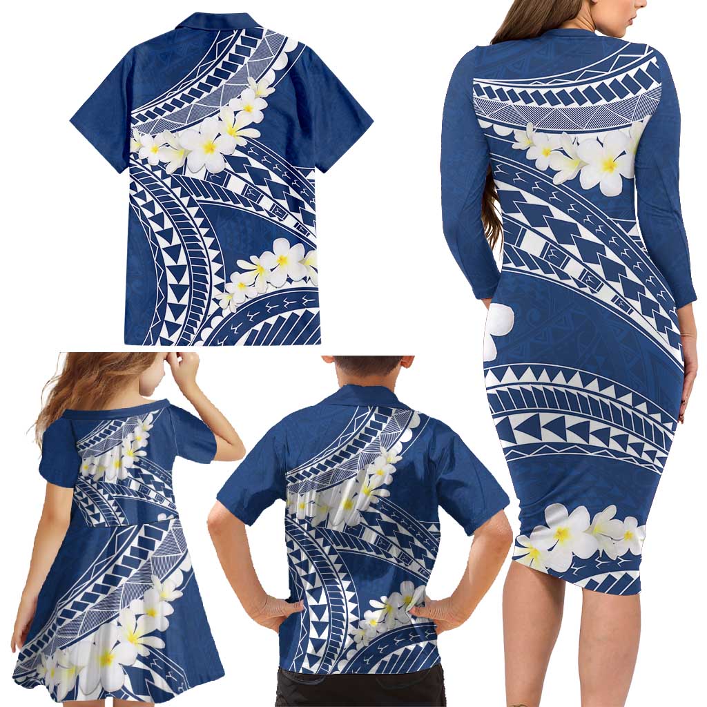 Polynesian Vintage Floral Family Matching Long Sleeve Bodycon Dress and Hawaiian Shirt Navy Blue Motifs - Polynesian Pride