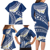 Polynesian Vintage Floral Family Matching Long Sleeve Bodycon Dress and Hawaiian Shirt Navy Blue Motifs - Polynesian Pride