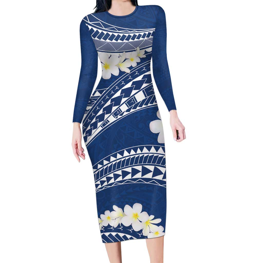 Polynesian Vintage Floral Family Matching Long Sleeve Bodycon Dress and Hawaiian Shirt Navy Blue Motifs - Polynesian Pride